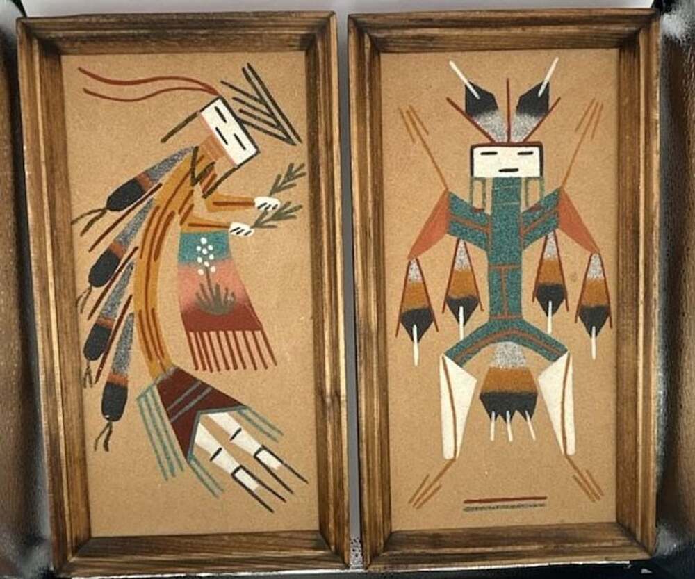 Vintage Native American Navajo Sand Paintings Framed Pair Signed Byan